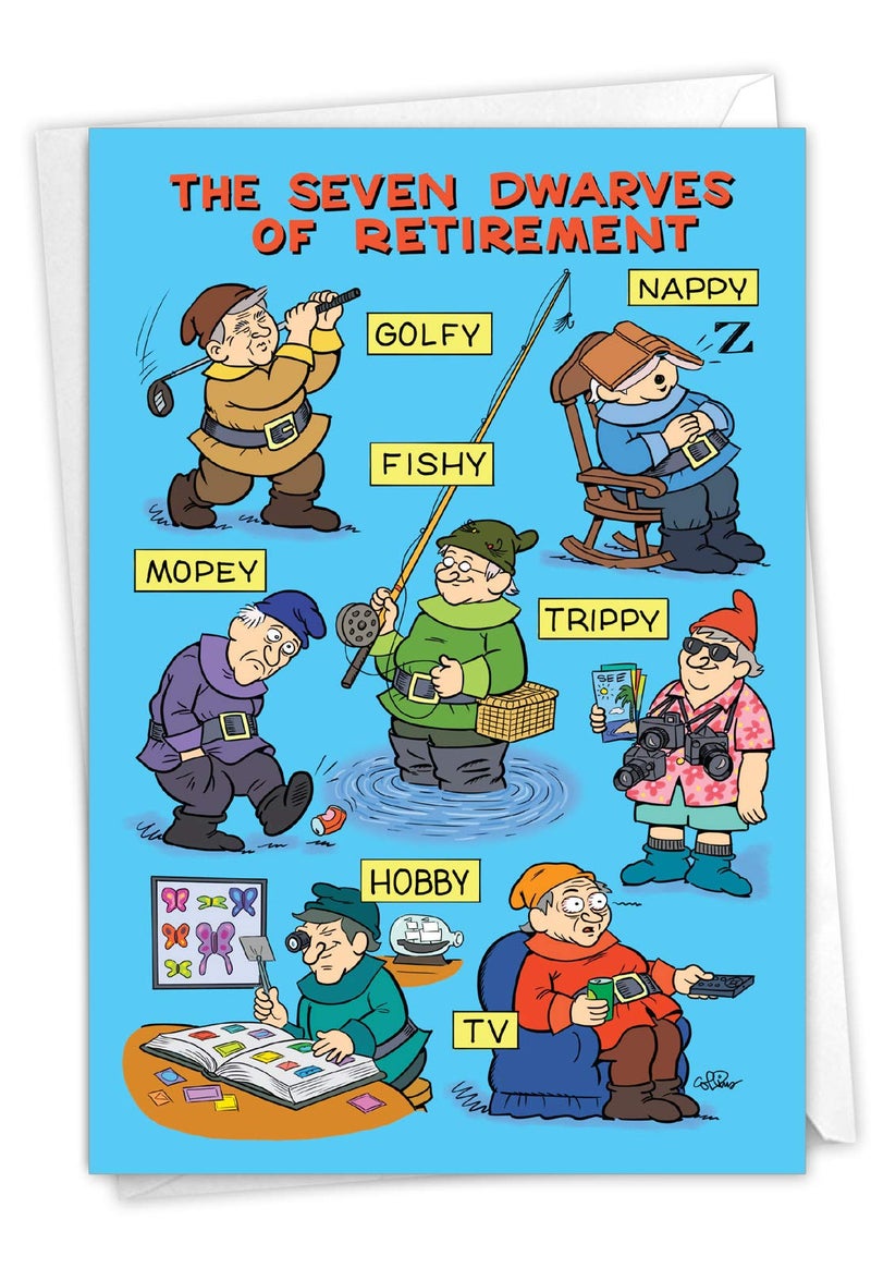 NobleWorks, Seven Dwarves of Retirement - Funny Retirement Card with Envelope - Animated Farewell Cartoon Notecard C7246RTG - Image 1